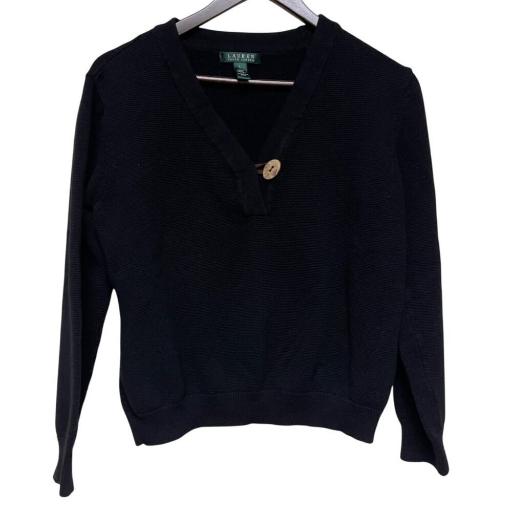 Lauren Ralph Lauren Women's Black Knit V-Neck Sweater Thermal Knit Size Large